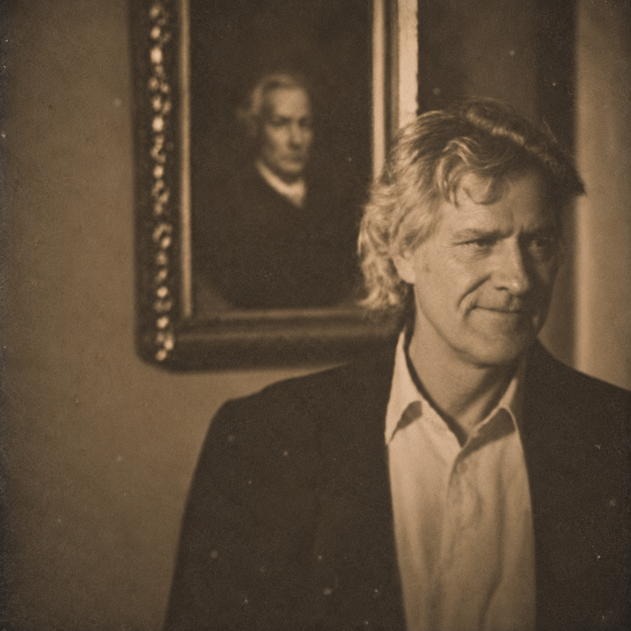 Sepia-toned video still from The Hollow Light showing Mark Zaki in the foreground with a framed portrait behind him